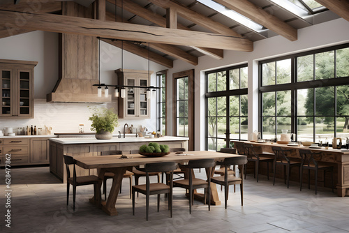 modern farmhouse kitchen beckoning with its blend of rugged elements and modern comforts