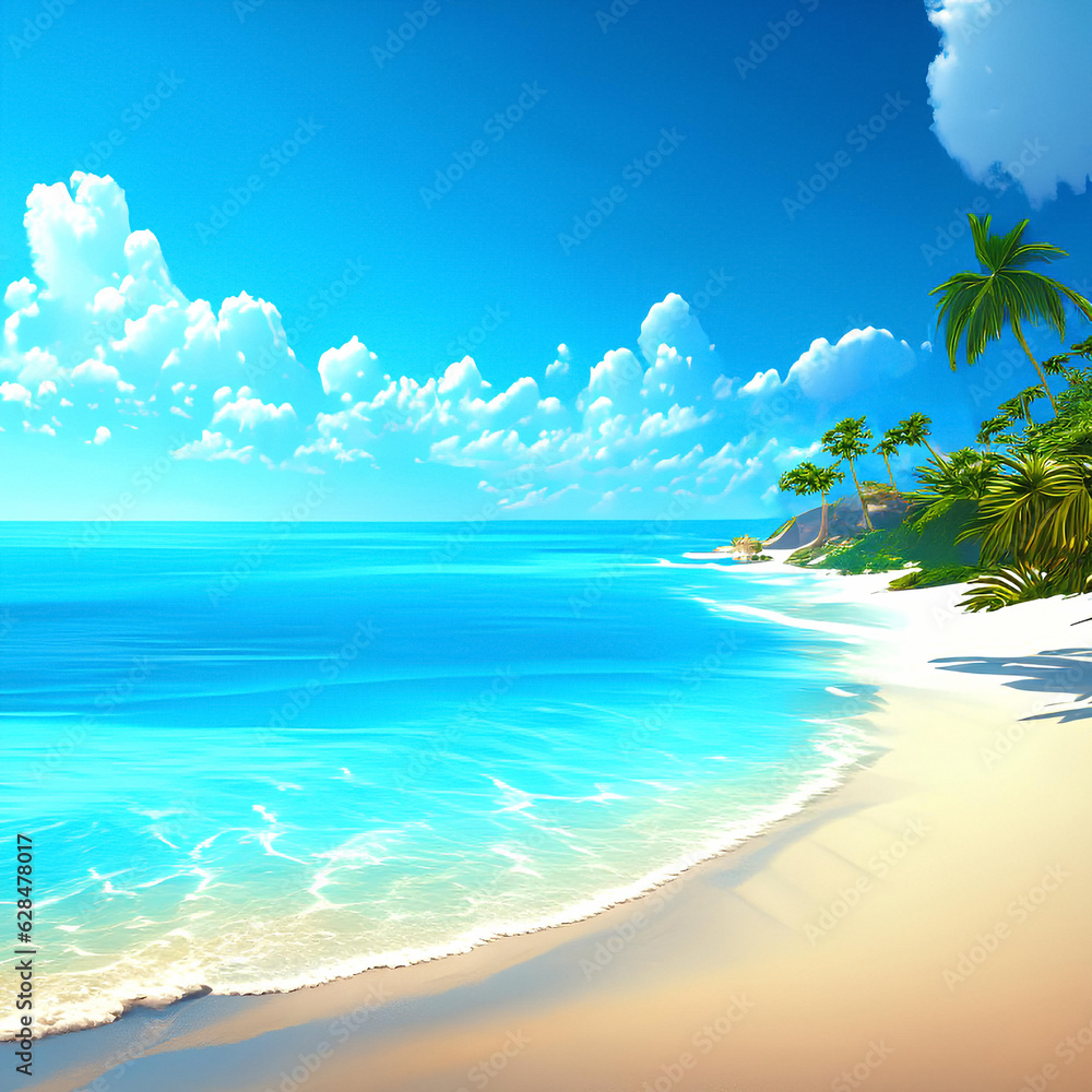 Beautiful tropical beach with palm trees and white sand, turquoise ocean on background blue sky with clouds on sunny summer day.