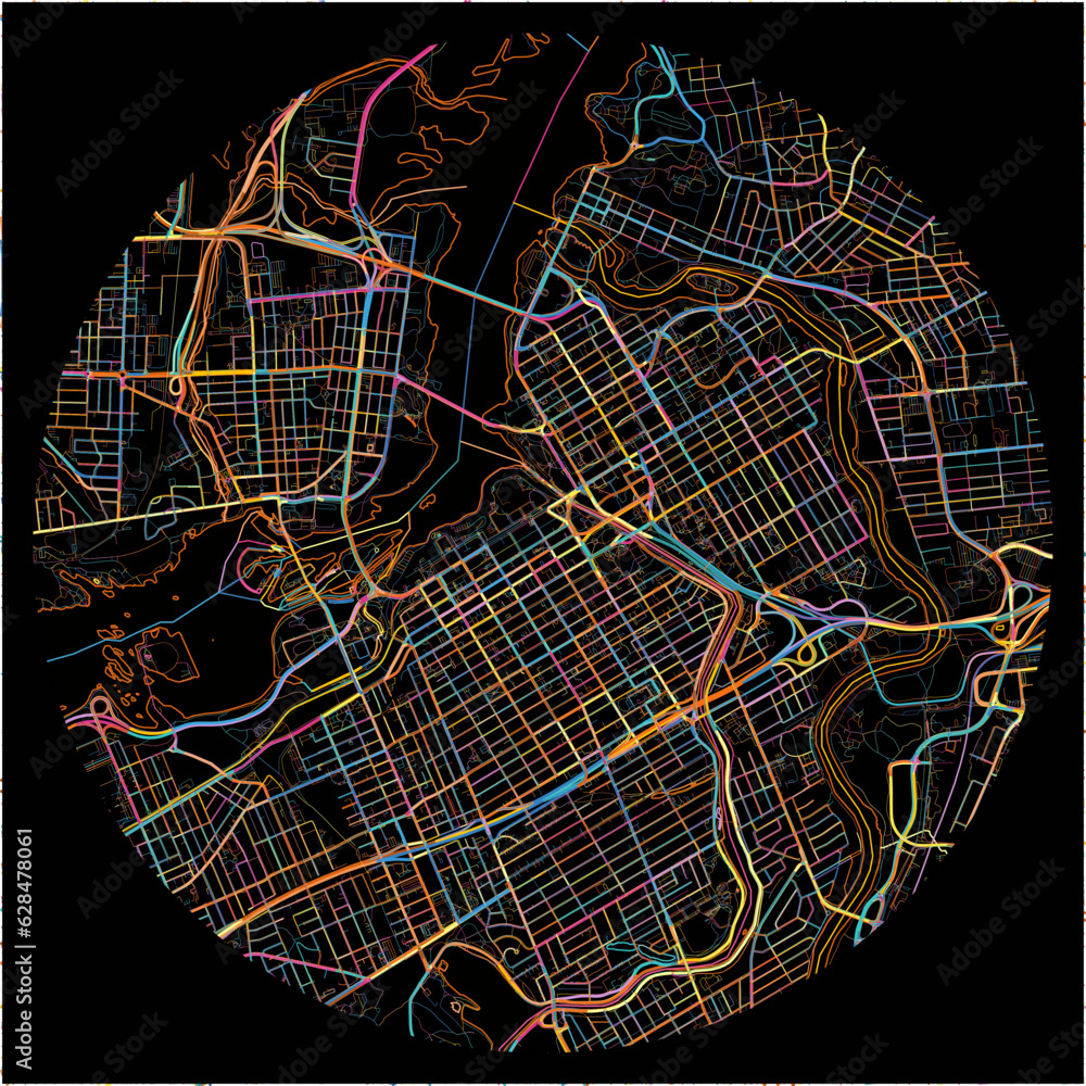 Colorful Map of Ottawa, Ontario with all major and minor roads.