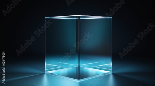 Cube glass transparent with dark background, copy space for text and illustration for product presentation and template design.
