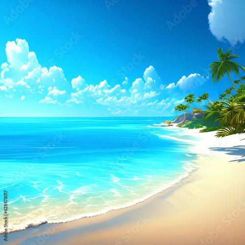 Beautiful tropical beach with palm trees and white sand, turquoise ocean on background blue sky with clouds on sunny summer day.