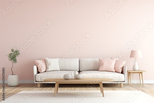 Modern sofa on light pink wall background with trendy home accessories, home decor interior, luxury living room,Generative AI