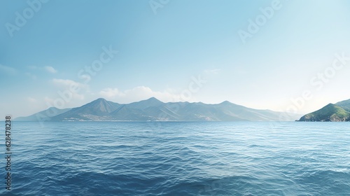 View of the sea from above with mountains in the background, illustration for product presentation and template design.