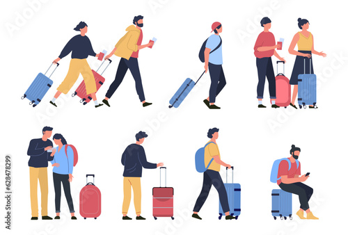 Travelers at airport. Business tourists, people waiting at airports terminal with luggage, characters walking and hasting to boarding