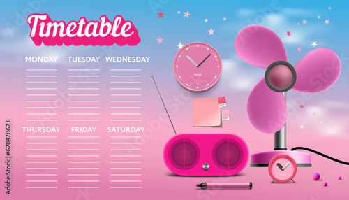 Timetable in Barbie style. Weekly planner, back to school template. Kids schedule design template