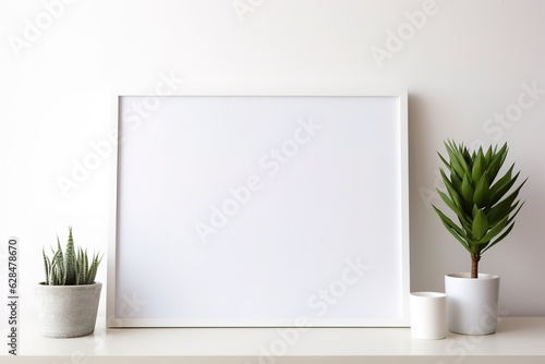 Blank wooden picture frame mock-up on wall in modern interior. Horizontal artwork template mock up for artwork, painting, photo or poster in interior design, Generative AI © Azar