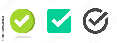 Check mark tick green logo 3d vector pictogram image clipart, checkmark checkbox simple line outline art list element, correct right linear square circle shape, poll vote positive select symbol