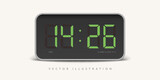 Realistic green digital clock, isolated background, frontal view