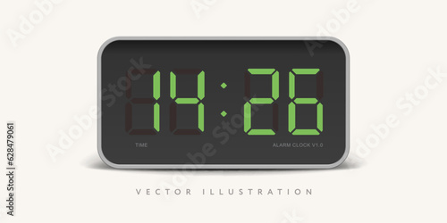 Realistic green digital clock, isolated background, frontal view