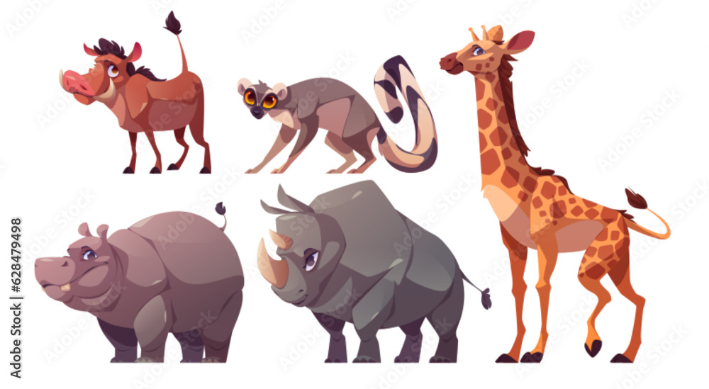 Set of African wild animals isolated on white background. Vector cartoon illustration of giraffe, hippo, rhino, lemur, warthog characters standing or walking. Cute zoo or safari park inhabitants Set of African wild animals isolated on white background. Vector cartoon illustration of giraffe, hippo, rhino, lemur, warthog characters standing or walking. Cute zoo or safari park inhabitants