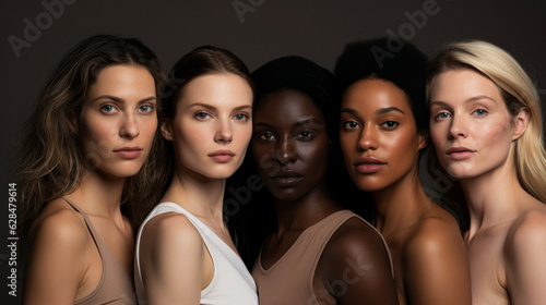 Women with different skin colors, standing next to each other, very close. Portraits. AI generation.