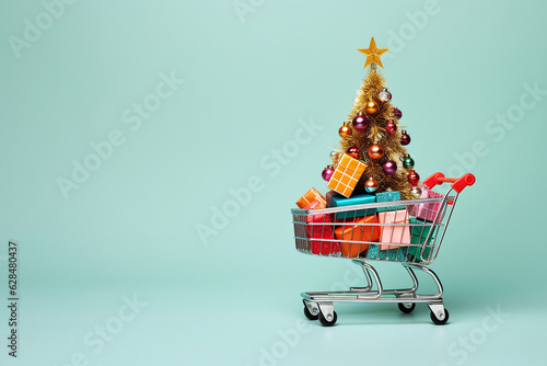 Shopping cart with decorated christmas tree, market trolley. Christmas tree with decorations in a supermarket cart. Christmas shopping, sale, advertisement, creative Xmas or New Year concept.