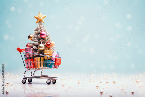 Shopping cart with decorated christmas tree, market trolley. Christmas tree with decorations in a supermarket cart. Christmas shopping, sale, advertisement, creative Xmas or New Year concept.