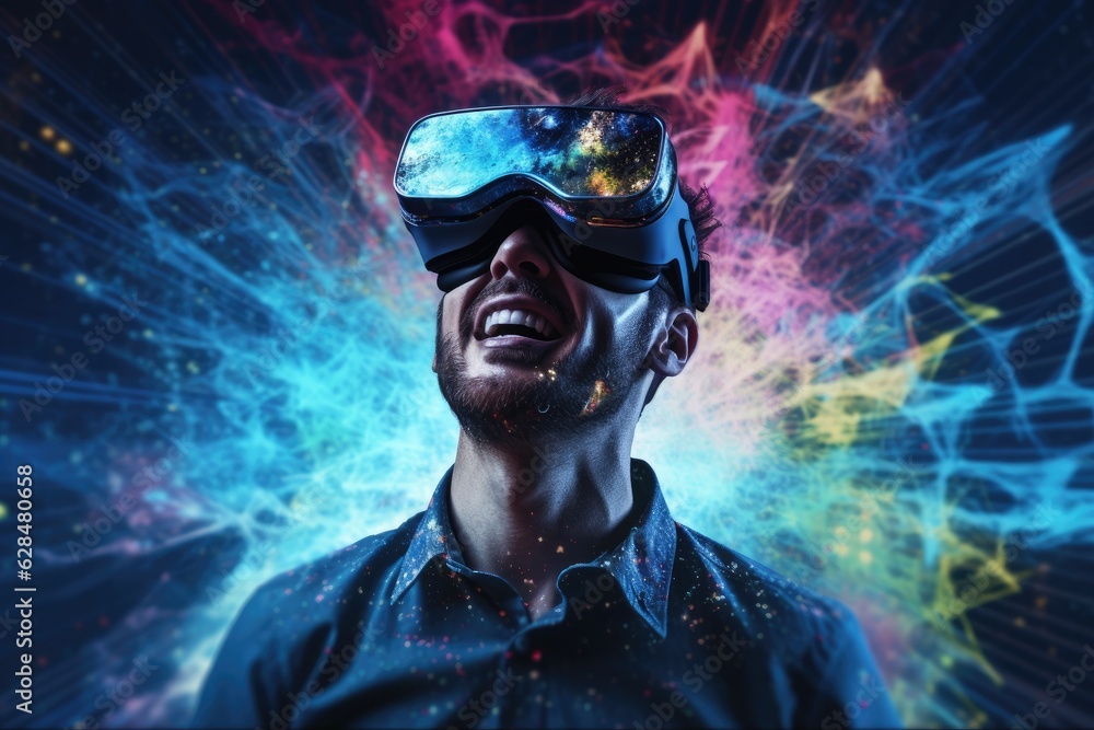 Man wearing VR headset user, surreal world and virtual reality, colorful flowers fields. Generative AI Man wearing VR headset user, surreal world and virtual reality, colorful flowers fields. Generative AI