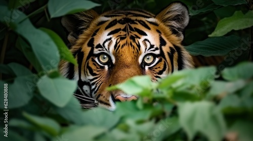 Tiger hiding behind the leaves of the jungle made with Ai generative technology