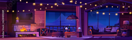 Night winter chalet interior with fireplace and garland vector cartoon illustration. Panoramic hotel apartment living room with terrace and dark mountain view from window. Wooden cottage furniture