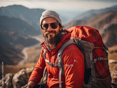 A male tourist with a beard in a red jacket and a gray backpack stands on the top of the mountain. Generated by AI
