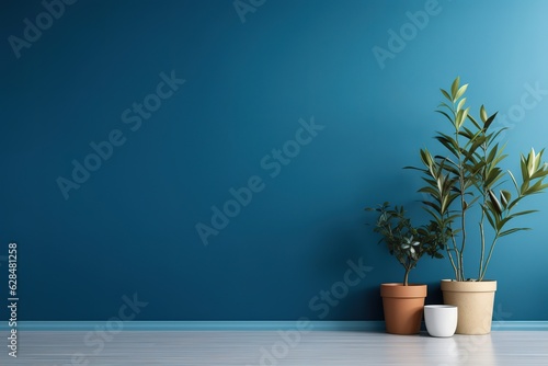 Plant against a white wall mockup. White wall mockup with brown curtain, plant and wood floor. 3D illustration,Generative AI