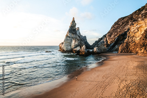 Aerial Drone photo of Praia da Ursa in Portugal during Sunset
