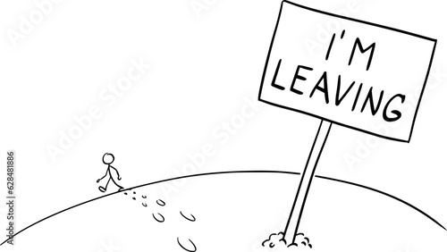 Unhappy Person Leaving or Walking Away, Vector Cartoon Stick Figure Illustration