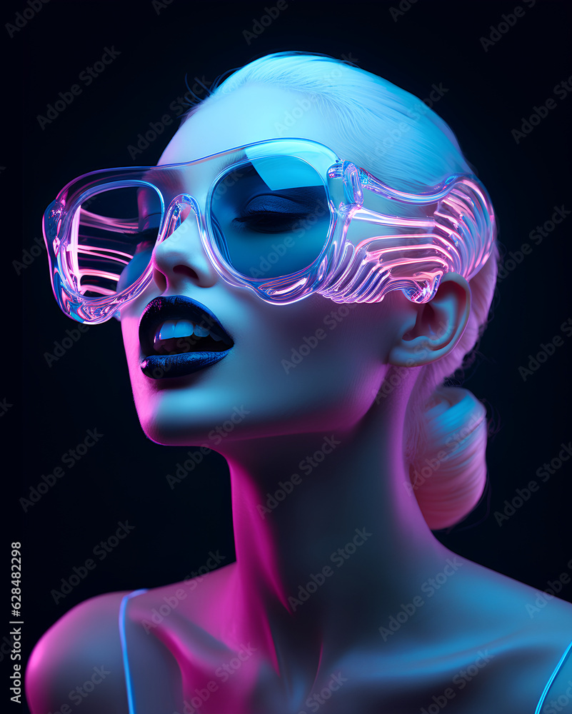 Stylish fashion teenager model wearing awesome glasses, dancing in purple neon lights. Young teen girl enjoy c party mix in black studio background. Copy space Stylish fashion teenager model wearing awesome glasses, dancing in purple neon lights. Young teen girl enjoy c party mix in black studio background. Copy space