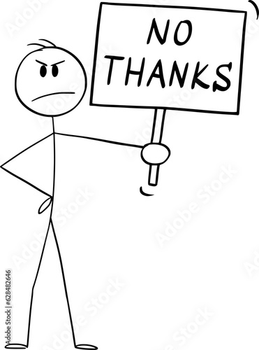 Person Holding No Thanks Sign, Vector Cartoon Stick Figure Illustration