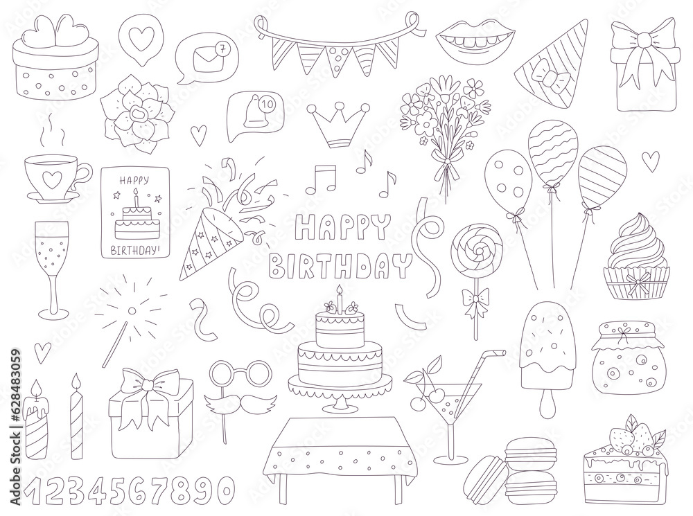 A set of hand-drawn doodle elements for birthday, party, celebration. Outline decorative objects. Black and white vector illustrations isolated on a white background. Editable strokes.