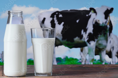 bottle and glass with milk, on a wooden table, cow in a pasture in the background