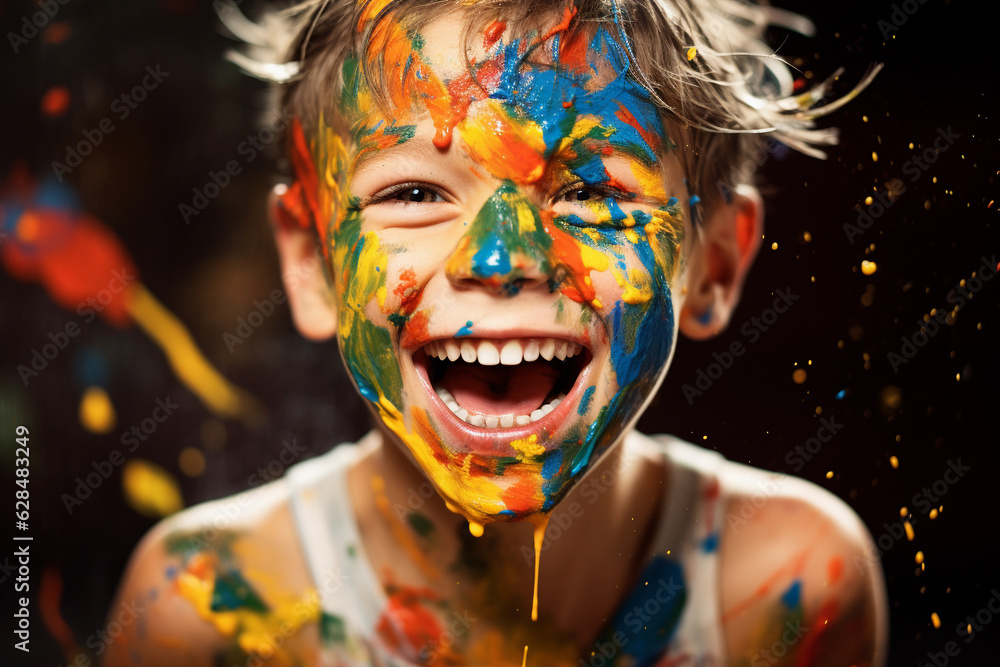 Candid child with a silly and excited expression, happily painting with face paint. Candid child with a silly and excited expression, happily painting with face paint.