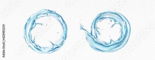 Water circle splash and round swirl realistic 3d vector frame. Liquid aqua wave with drop and bubble in ring flow. Mineral clear blue stream graphic design with motion. Fresh sparkling whirl texture