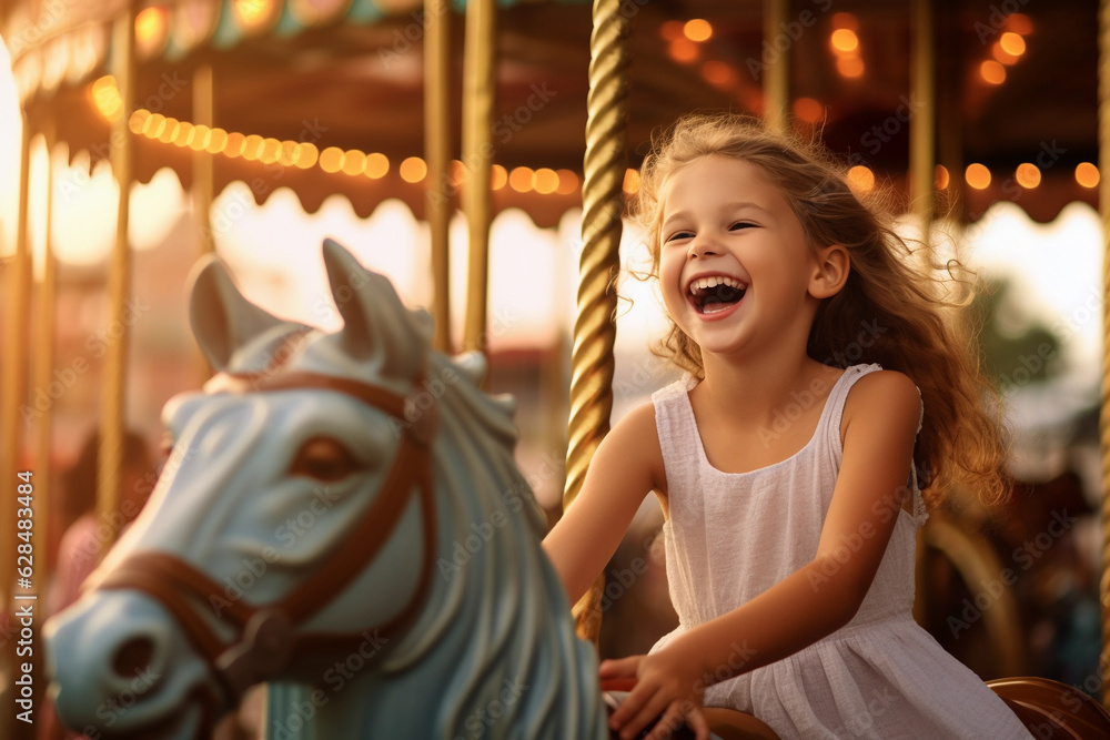 A joyful girl expressing excitement on a colorful carousel, having fun during her vacation. A joyful girl expressing excitement on a colorful carousel, having fun during her vacation.