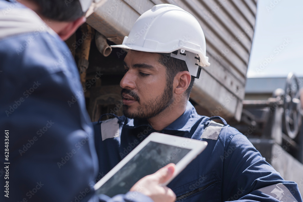 worker using tablet. Two service worker with freight train oil transport on background. worker at work. worker using tablet. Two service worker with freight train oil transport on background. worker at work.