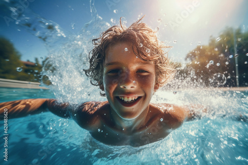 A child having fun swimming in a pool.