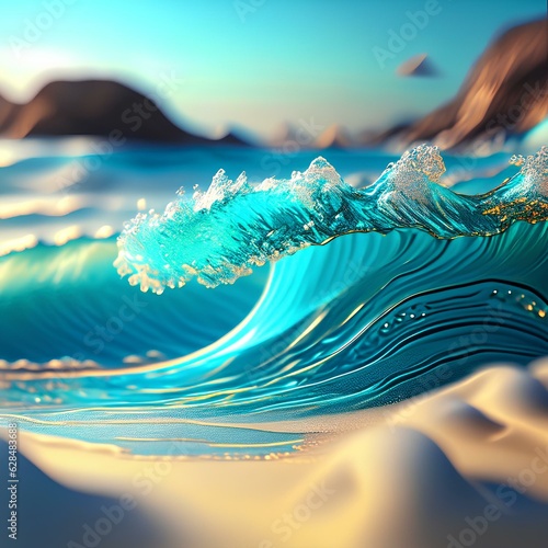 Beautiful tropical summer wave in the sea close-up. Soft turquoise blue ocean on the sandy beach.