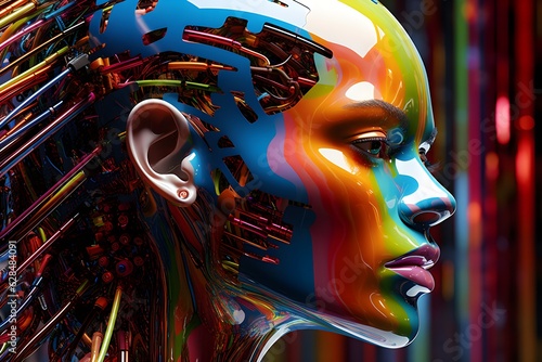 Colorful digital abstract image of a human head with rainbow colours  in the style of metallic sculpture created with Generative AI technology