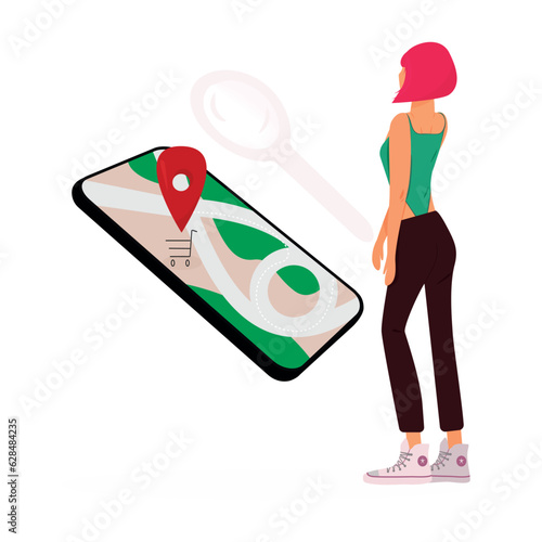 mobile with a navigator app with a girl in search to shopping vector flat illustration