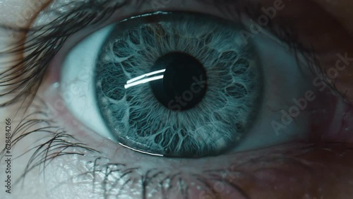 Extreme closeup on blue eye shows details and pattern of iris, changing pupil