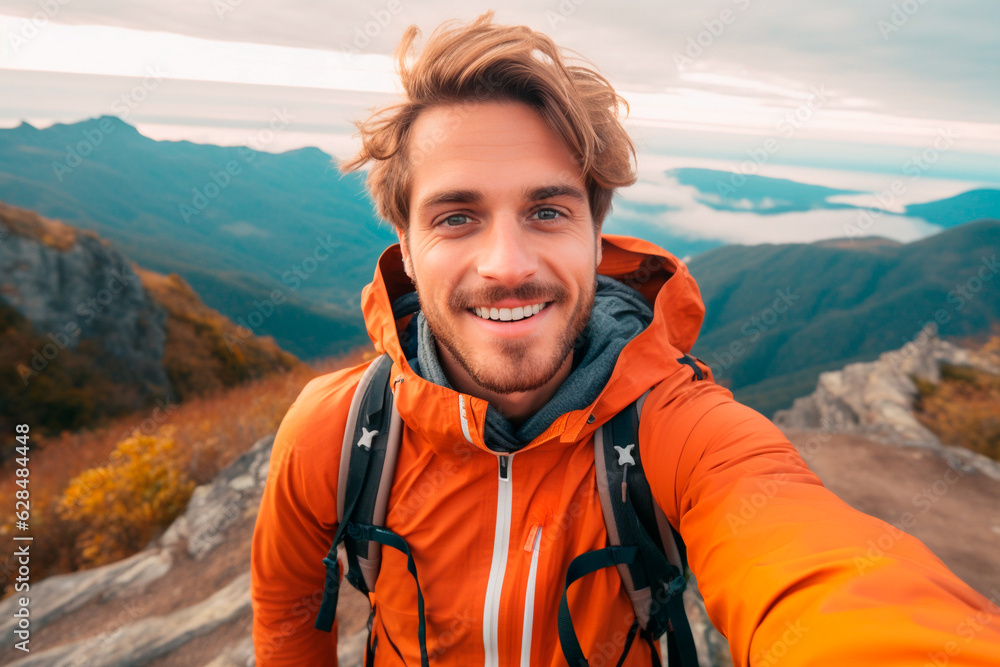 Young hiker man taking selfie portrait on the top of mountain Young hiker man taking selfie portrait on the top of mountain