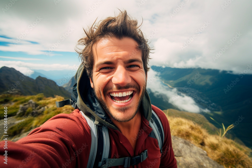 Young hiker man taking selfie portrait on the top of mountain