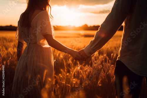 Couple holding hands in a field at sunset. concept passion and love