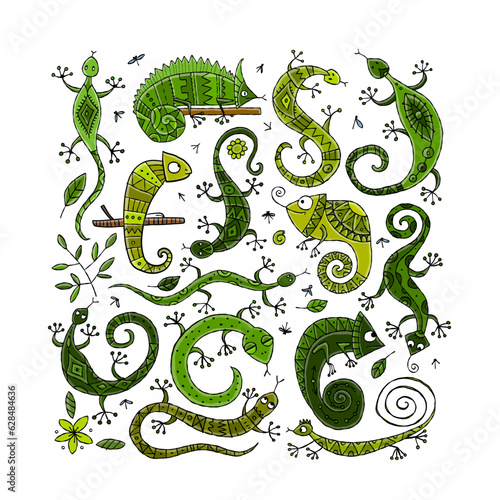 Lizard characters, jungle animal. Chameleon icons set for your design