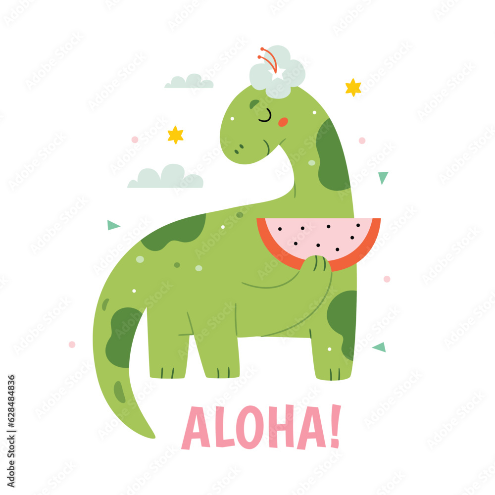 Obraz premium Cute dinosaur with a watermelon. Summer vibe, flat style.Aloha