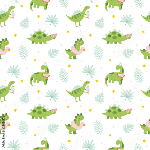 Summer pattern with dinosaurs. Summer vibe  flat style.