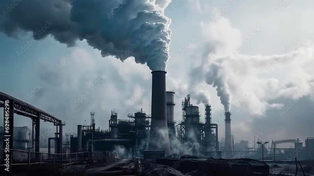 industrial landscape with chimneys with thick smoke causing air pollution in a gray smoky sky industrial landscape with chimneys with thick smoke causing air pollution in a gray smoky sky