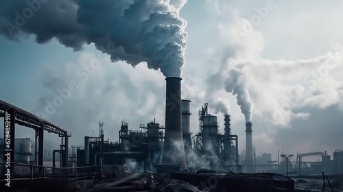 industrial landscape with chimneys with thick smoke causing air pollution in a gray smoky sky