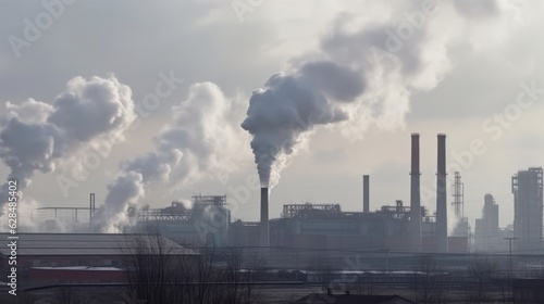 View of industrial landscape with chimneys with thick smoke causing air pollution in a smoky sky