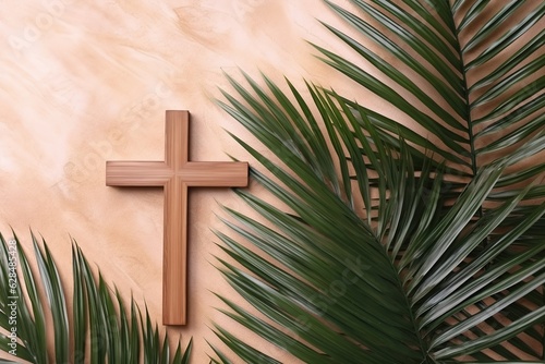 wooden cross with palm leaves in the background