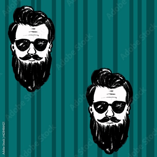 Hand drawn seamless pattern with man men male faces inblack white on striped teal green background. Masculine minimalist retro vintage design for barbers husband gift, beard mustache glasses trendy photo