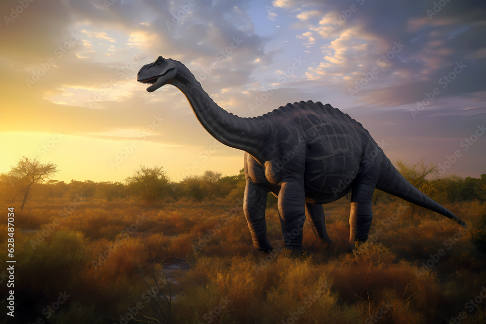 Fototapeta premium Brontosaurus walking in the prehistoric savannah