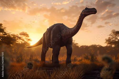 Brontosaurus walking in the prehistoric savannah